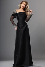 black a line long dress with off shoulder long sleeve beaded