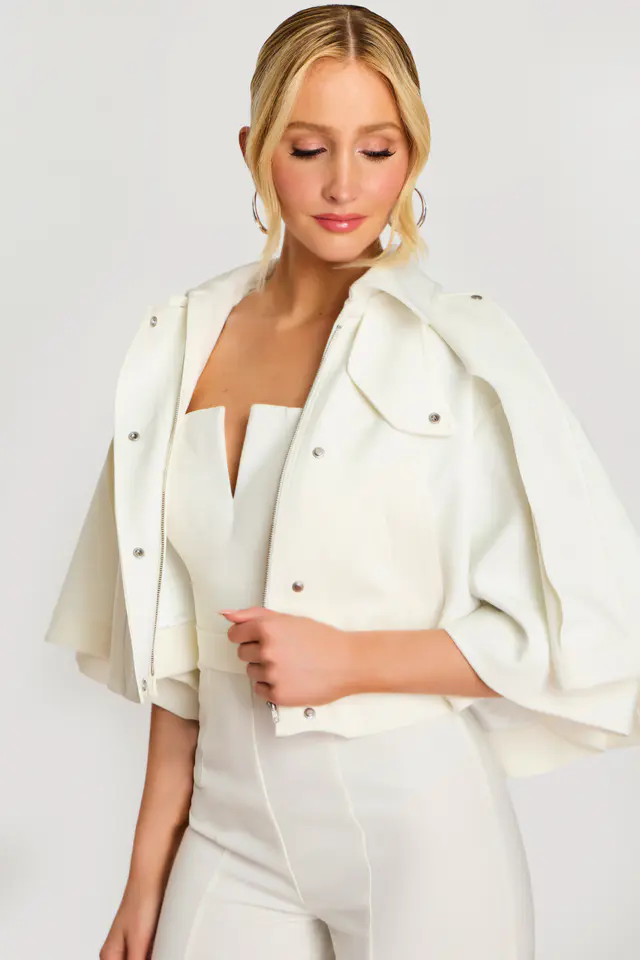 White Jumpsuit with V-Notch Neckline and Cape 46781 | Jovani