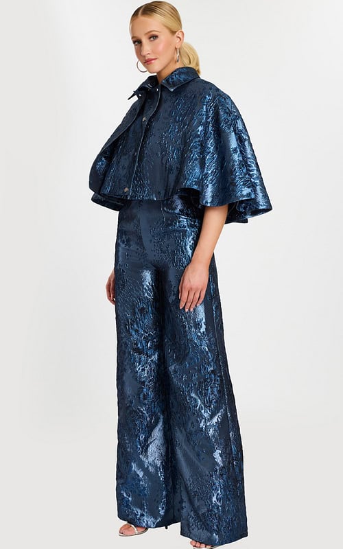 angle view of wide leg jumpsuit with cape