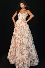 Strapless floral gown with tiered ruffle skirt and flowy layered chiffon design