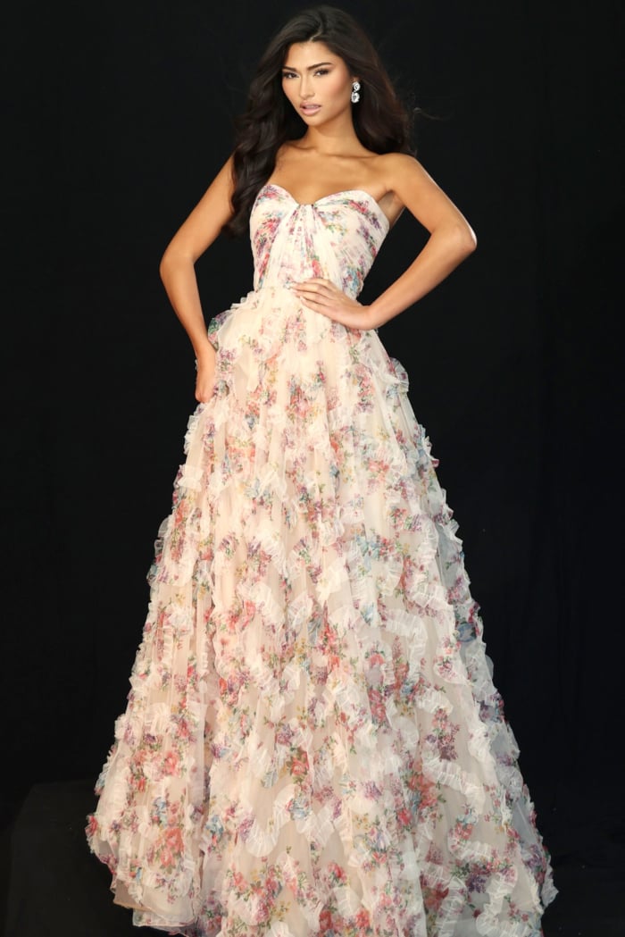 Front view of strapless beaded gown with corset bodice and tulle skirt
