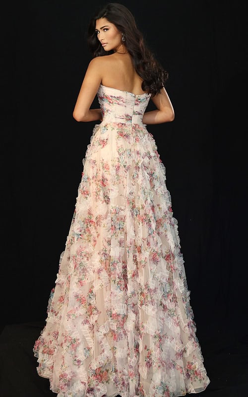 Back view of strapless gown with shimmering beadwork and sheer corset design