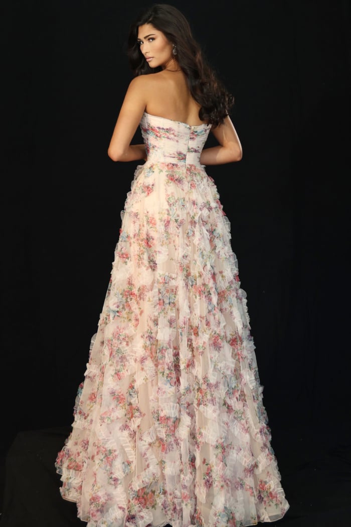 Back view of strapless gown with shimmering beadwork and sheer corset design