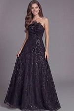 Strapless sequin gown with floral appliqué bodice