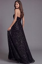 Strapless glitter evening dress with dimensional floral accent