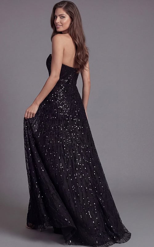 Strapless glitter evening dress with dimensional floral accent