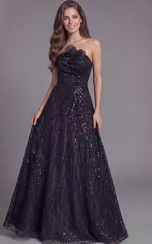 Strapless sequin gown with floral appliqué bodice