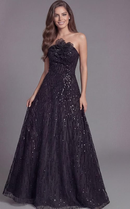 Strapless sequin gown with floral appliqué bodice