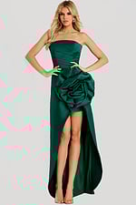 Sleek satin formal gown with structured silhouette and high slit