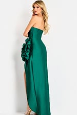 Strapless satin gown with ruched bodice and oversized floral accent