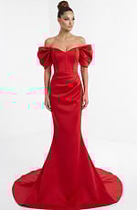Front view of off shoulder mermaid gown with structured bodice and sculpted sleeves