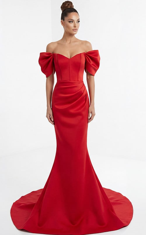 Front view of off shoulder mermaid gown with structured bodice and sculpted sleeves