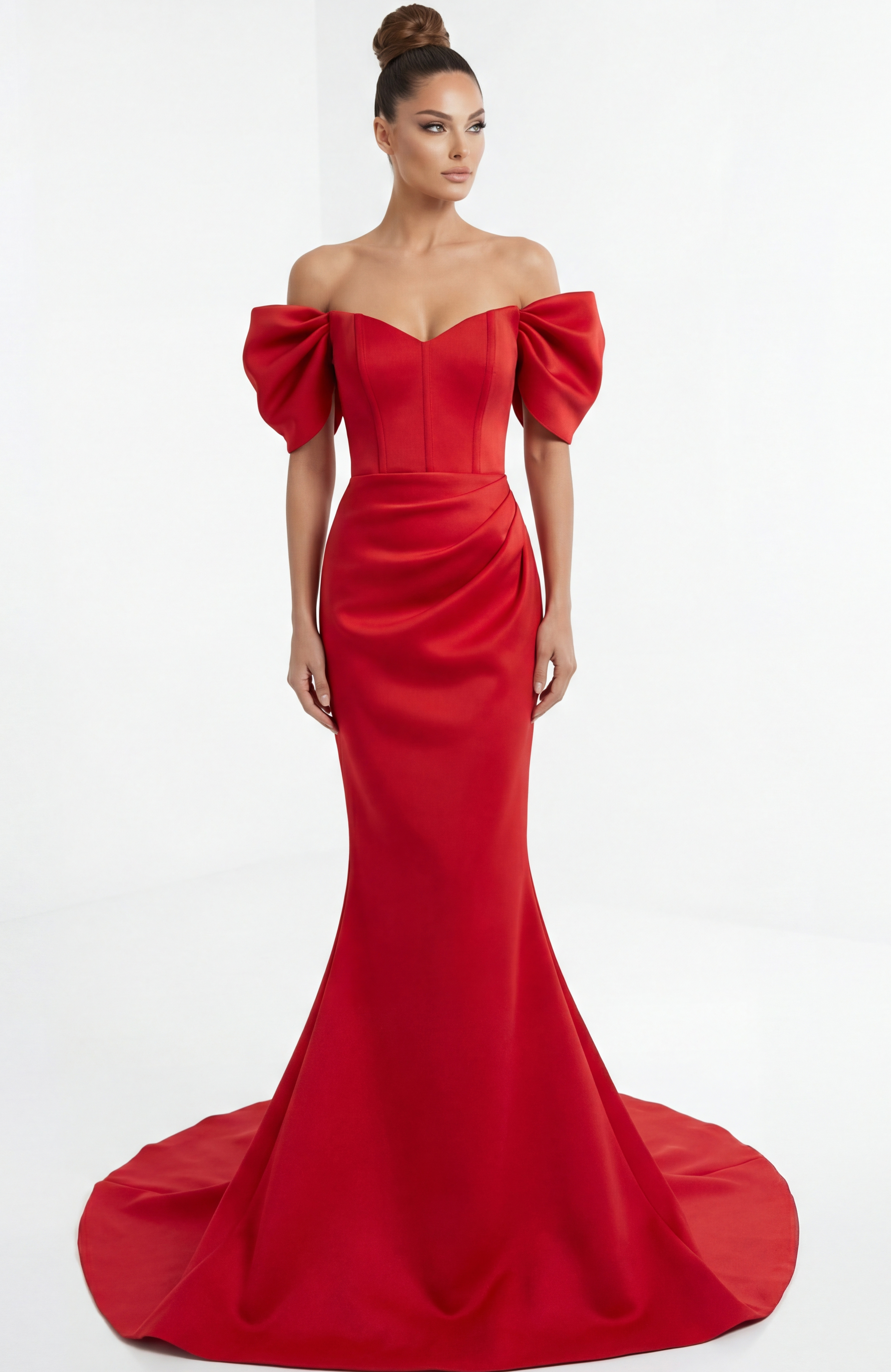 46799-1 Front view of off shoulder mermaid gown with structured bodice and sculpted sleeves