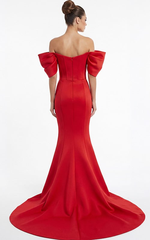Back view of off shoulder mermaid gown with fitted silhouette and flowing train