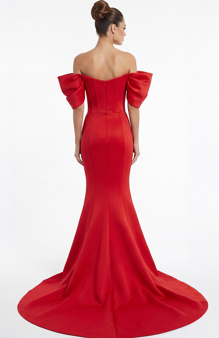 Back view of off shoulder mermaid gown with fitted silhouette and flowing train