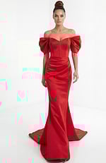 off shoulder mermaid gown with defined waist and elegant flared hem