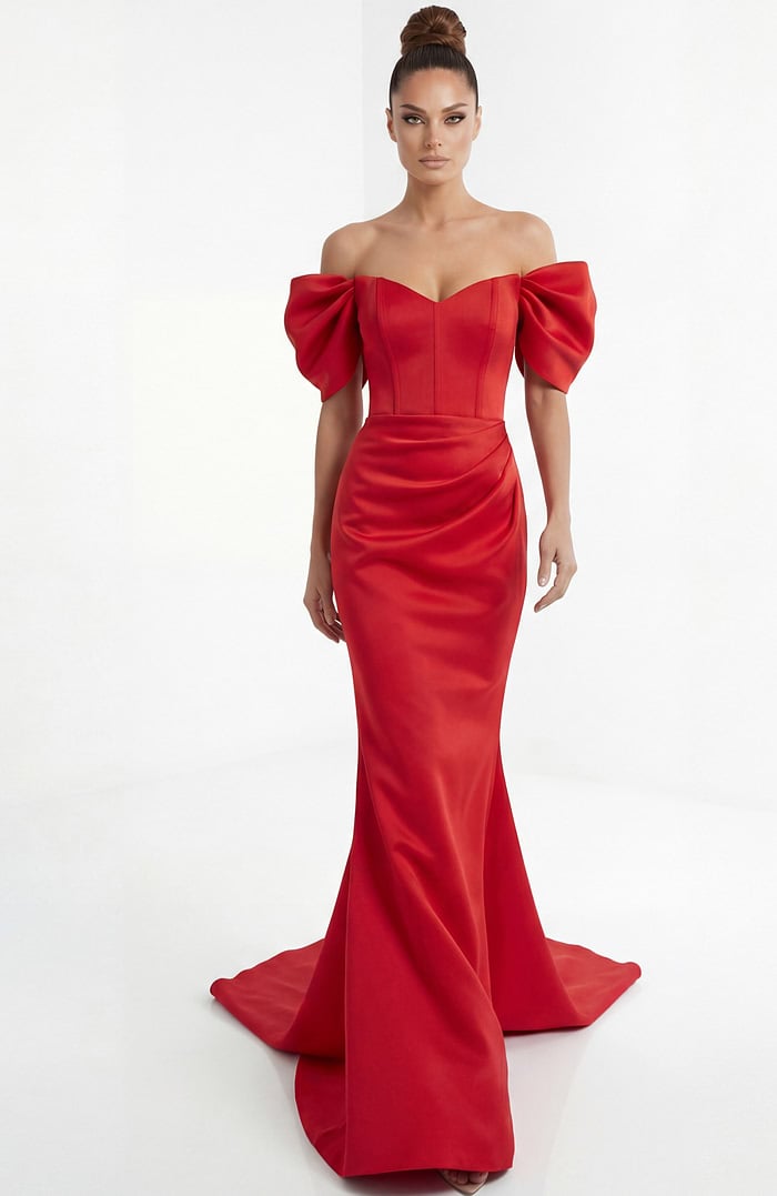 off shoulder mermaid gown with defined waist and elegant flared hem