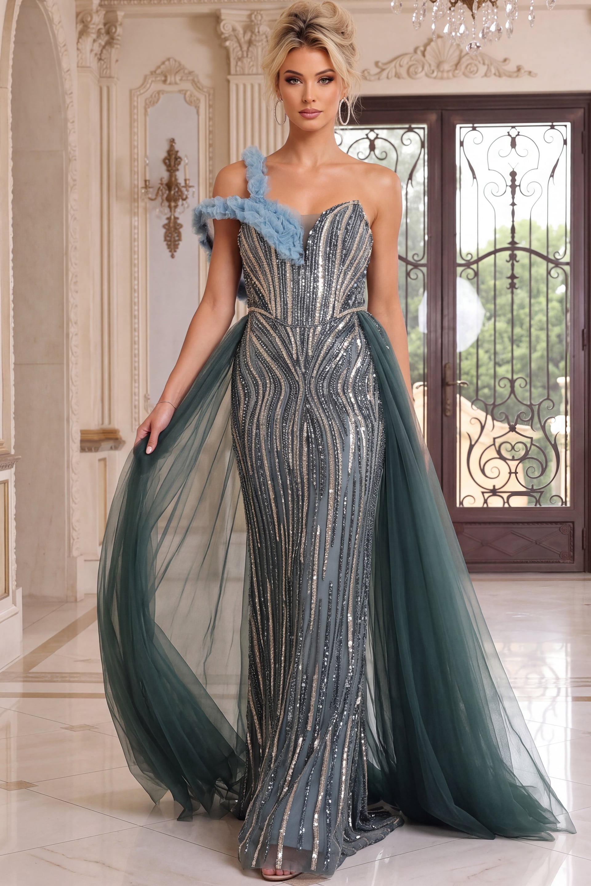 One shoulder ruffled strap tops a teal beaded mermaid gown with sheer tulle overskirt