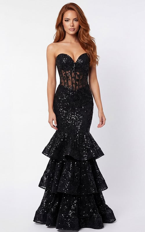 Strapless lace fitted gown with sheer corset and tiered ruffle skirt