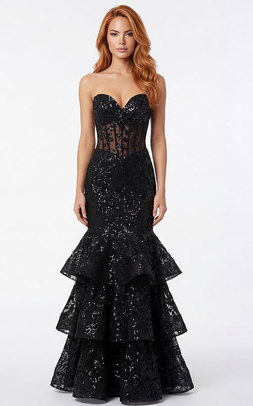 Strapless fitted gown with sweetheart neckline and layered ruffle hem