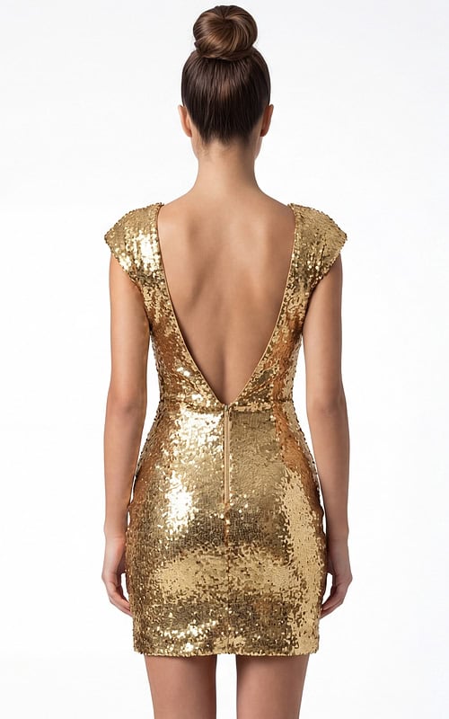 Back view of sequin dress with open V back and smooth fitted silhouette
