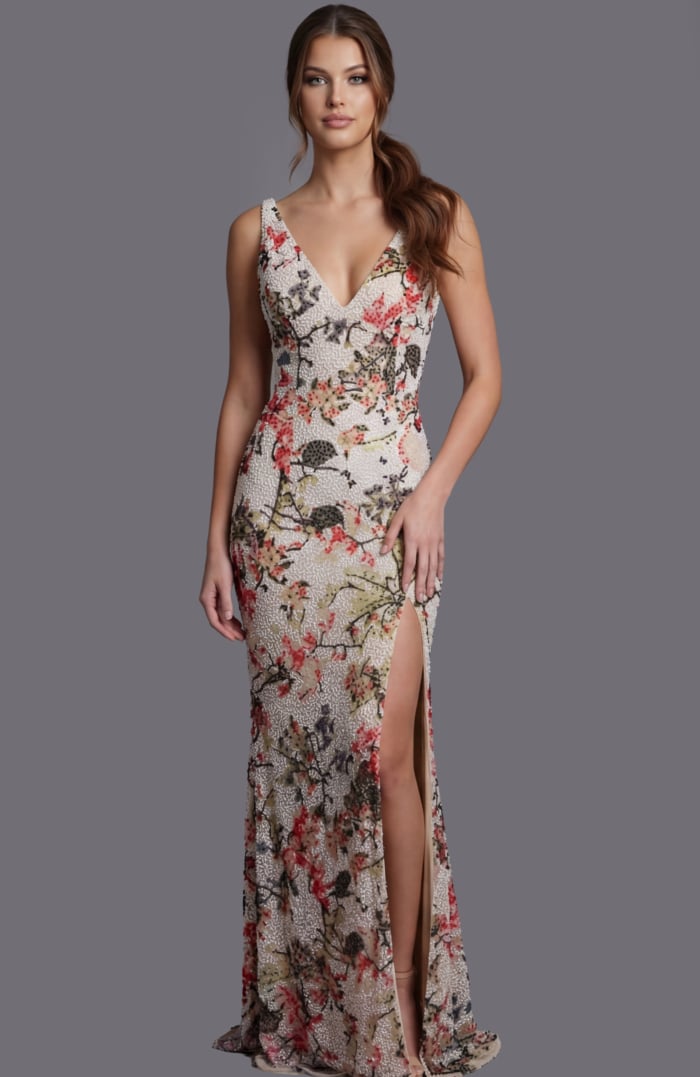 sequin multi color print high slit dress