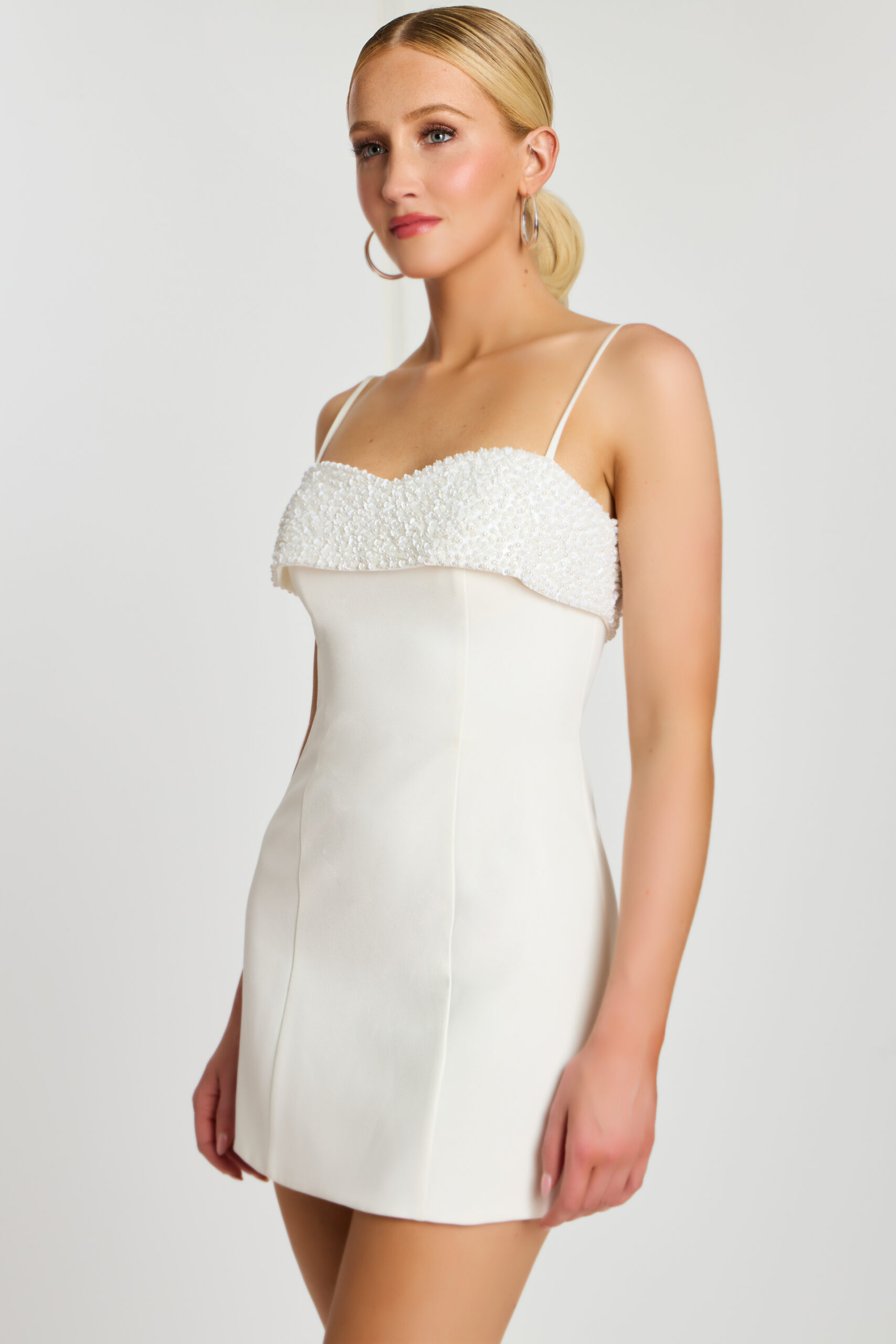 Mini Pearl Embellished Satin Dress With Spaghetti Straps