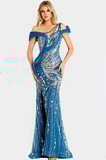 Beaded mermaid gown with asymmetric neckline and shimmering leaf design