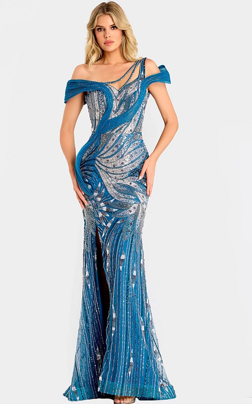 Beaded mermaid gown with asymmetric neckline and shimmering leaf design