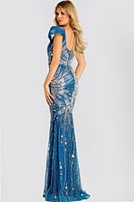 Off shoulder blue sequin gown with swirling bead patterns and front slit