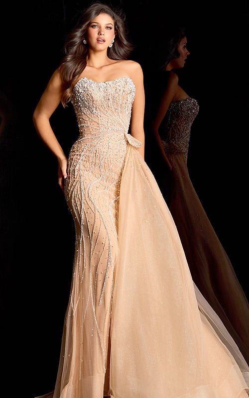 Sophisticated strapless gown with intricate pearl detailing and illusion bodice