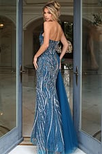 Sophisticated strapless gown with intricate bead patterns and sweep train