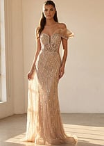 Nude crystal beaded illusion gown with asymmetrical shoulder detail