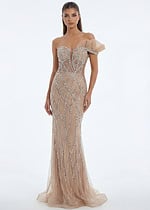 Nude mesh gown with intricate crystal lattice beading