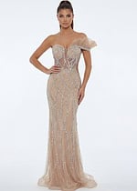 Nude illusion evening gown with crystal bead embellishments