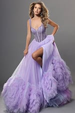 lilac purple ball gown long dress with beaded bodice sweetheart ruffled tulle high slit