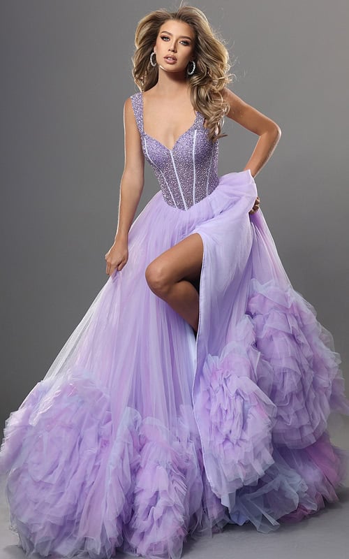 lilac purple ball gown long dress with beaded bodice sweetheart ruffled tulle high slit