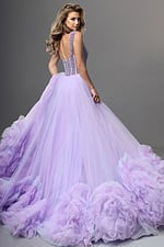 lilac purple ball gown long dress with beaded bodice sweetheart ruffled tulle high slit