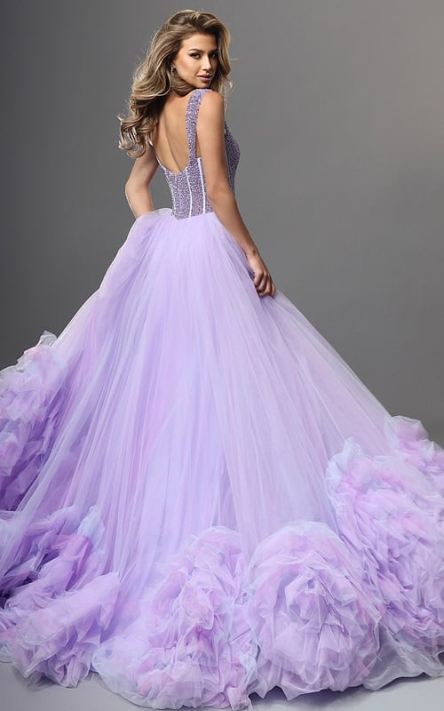 lilac purple ball gown long dress with beaded bodice sweetheart ruffled tulle high slit
