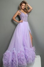 lilac purple ball gown long dress with beaded bodice sweetheart ruffled tulle high slit