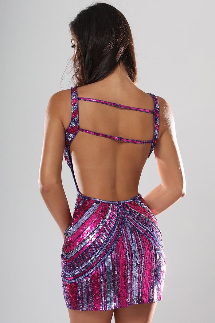 back view of purple multicolor striped sequin fitted short homecoming dress with plunging V neckline, Jovani style 46872