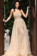 Jovani 46879 nude gold strapless A line prom dress with crystal beaded sheer corset bodice, high thigh slit, and flowing tulle skirt