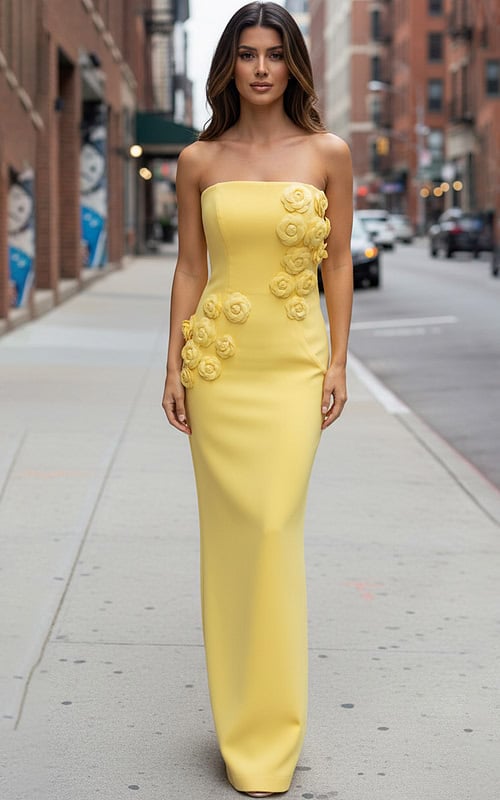Long strapless dress with sculpted rosettes 46884