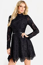 Sophisticated long sleeve lace dress with sheer detailing and slim belt