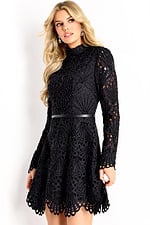 Beaded black lace dress with scalloped hem and fitted waist