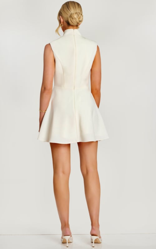 Back view of ivory A-line mini dress with hidden zipper and high neckline