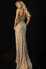 Back view of shimmering strapless gown with detailed beadwork