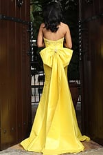 yellow long mermaid dress with bow details 46982
