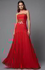 red strapless pleated skirt long contemporary dress