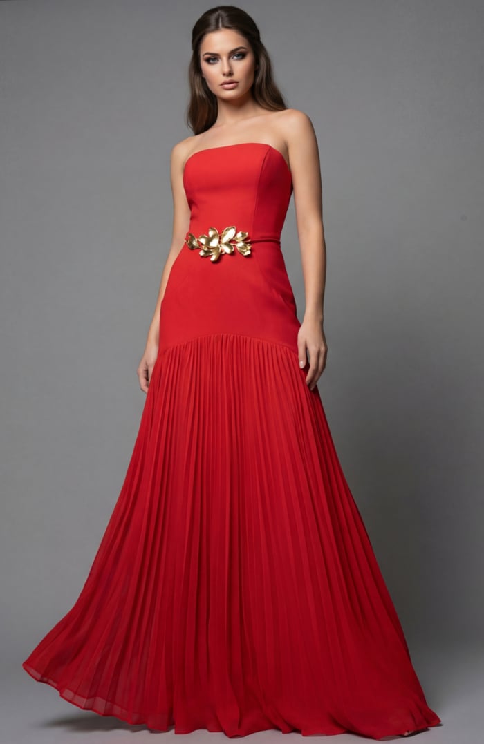 red strapless pleated skirt long contemporary dress
